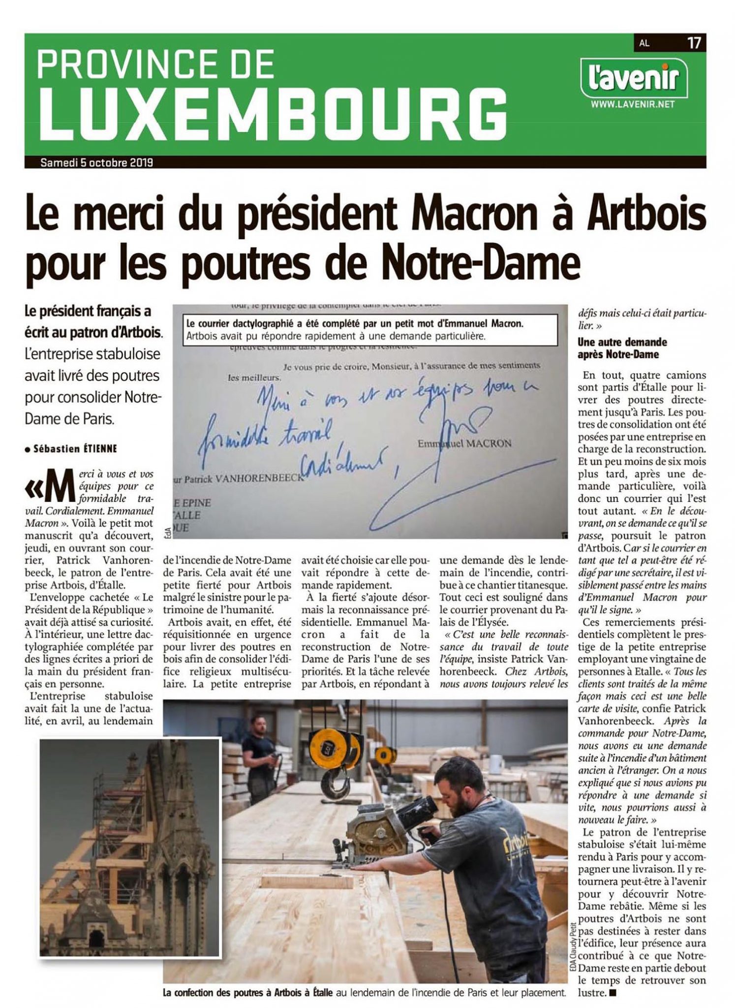 Artbois L'Avenir du Luxembourg 5 octobre 2019